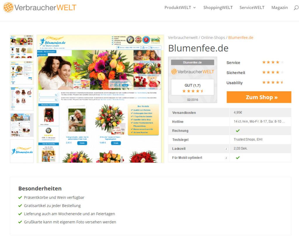 Blumenfee Auszeichnung zum Top Online Shop - Top 3 in Deutschland - Verbraucherwelt 03/16